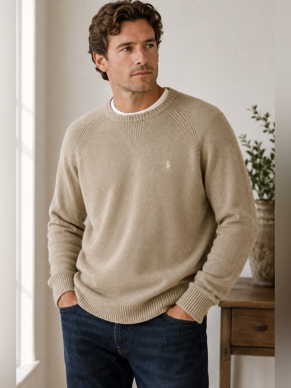 Polo Ralph Lauren Men’s XXL Beige Tan Knit Crewneck Sweater Pony Logo